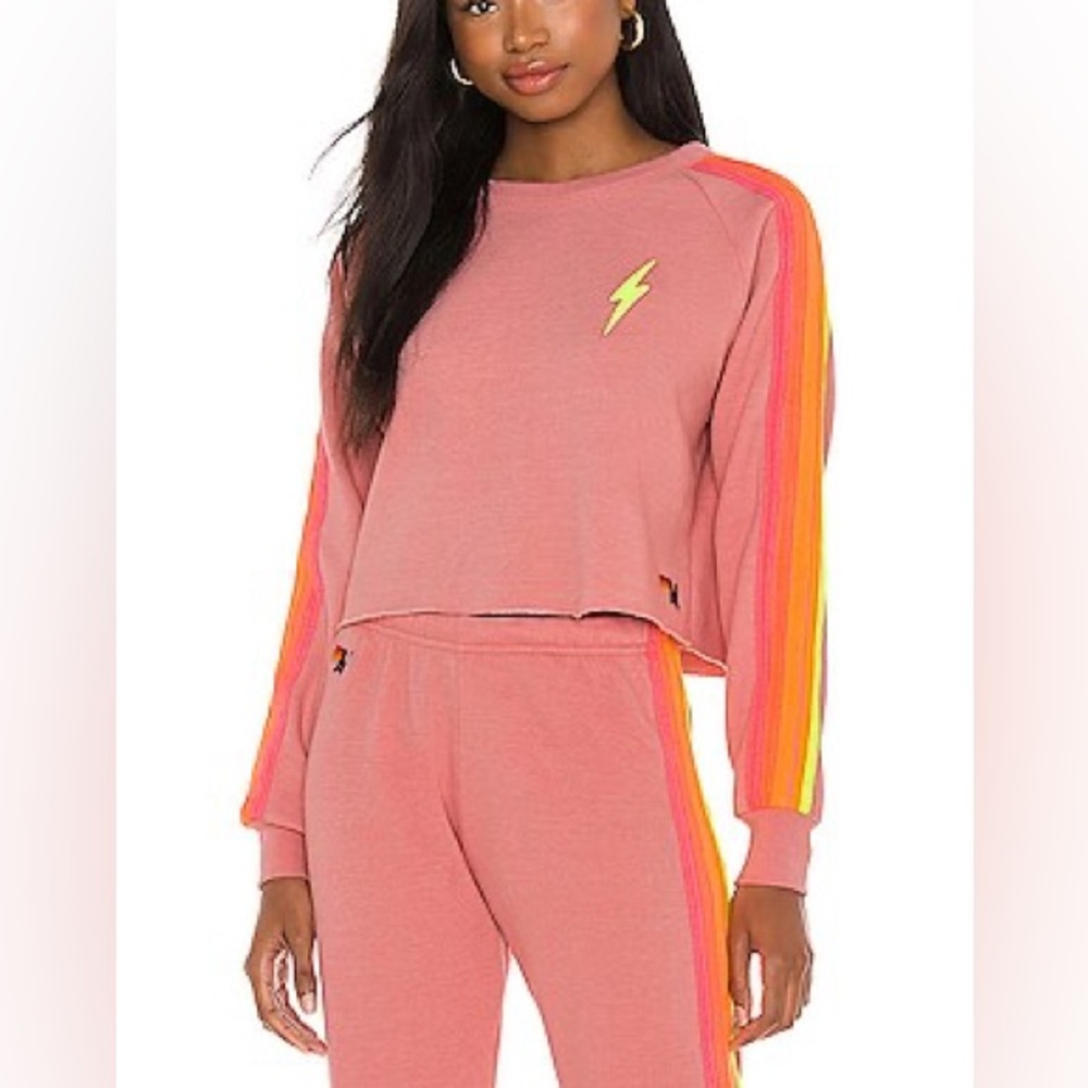 Aviator Nation Bolt Cropped Sweatshirt in Rose & Neon Pink Size M